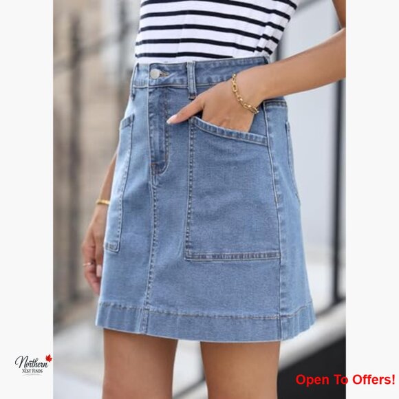 Denim Mini Skirt High Waisted Stretch Casual with Pockets - Picture 3 of 6